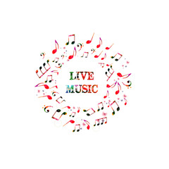 Colorful banner for live music with music notes. Music elements for card, poster, invitation. Music background design vector illustration