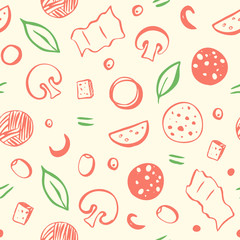 Seamless pattern of pizza ingredients on yellow background. Vector illustration