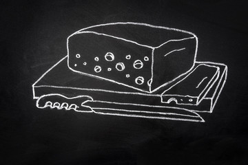 Hand Drawn Line Art Chalk Doodle Illustration on Blackboard Chunk of Swiss Cheese Wheel with Cut...