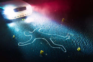 Crime scene with body outline, evidence markers and a police car with dramatic lighting