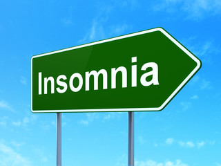 Health concept: Insomnia on green road highway sign, clear blue sky background, 3D rendering