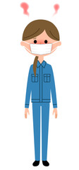作業服の女性　発熱