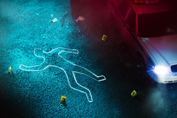 Crime scene with body outline, evidence markers and a police car with dramatic lighting