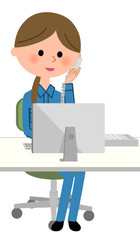 作業服の女性　PCと電話