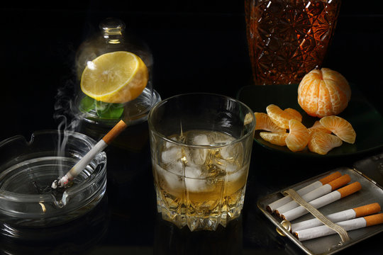 Whiskey, cigarettes and fruits