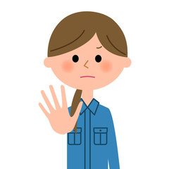 作業服の女性　制止