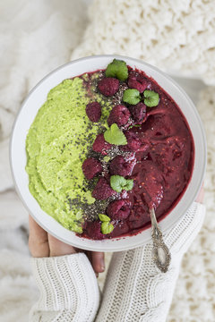 Mint vs Raspberry Smoothiebowl. Choice.  Green Smoothie vs Pink Smoothie