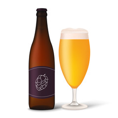 Craft beer. Realistic beer bottle and beer glass isolated on white background. Vector illustration