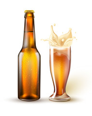 Vector realistic beer bottle, splashing from glass