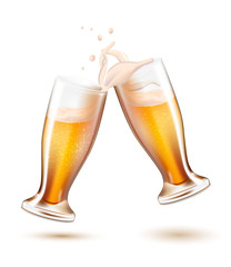 Vector realistic beer glasses toasting splashing