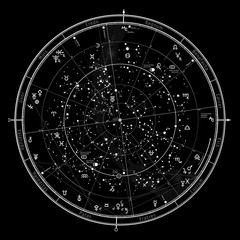 Astrological Celestial map of Northern Hemisphere. Horoscope on January 1, 2018 (00:00 GMT). Detailed outline chart with symbols and signs of Zodiac, planets, asteroids & etc.