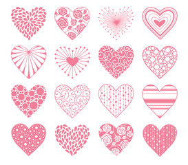Decorative hearts with ornament isolated on white background. Design elements collection for Valentines Day. Hand drawn valentine day pink hearts set.