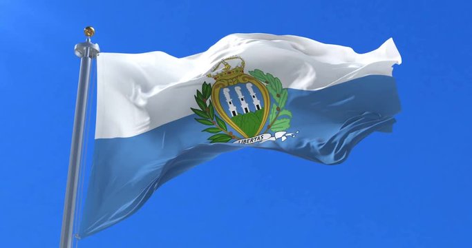 Flag of San Marino waving at wind in slow with blue sky, loop