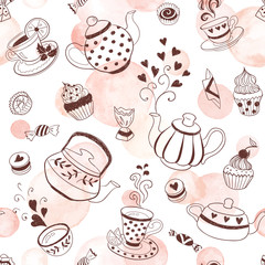 Tea time seamless pattern. Tea party background design. Hand drawn doodle illustration with teapots, cups and sweets. Watercolor vector texture.