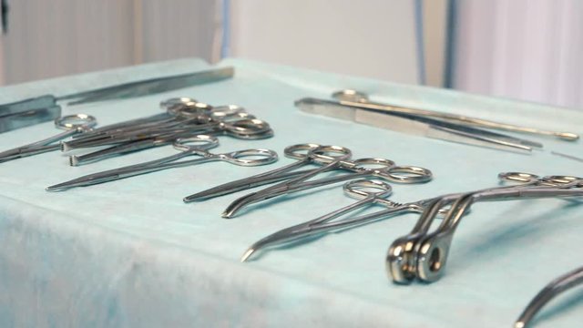 medical instruments on the table in the operating room