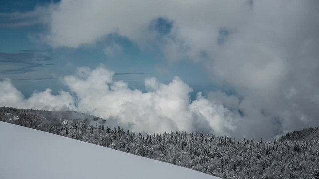 Puffy Boiling Clouds. Winter Highland. Wide Angle Parorama