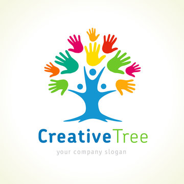 Creative tree colored hands logo template. People tree unity emblem for kids education. Family care tree vector design illustration