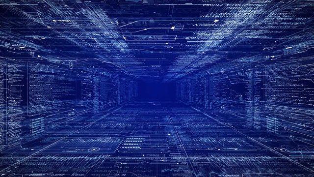 Sci Fi Tunnel.Camera moves through HUD interface with programming data code text and futuristic HUD elements.Good for tech titles and background, news headline business intro.Blue Out of Space.