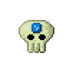 Pixel artifact skull with gem for games and websites