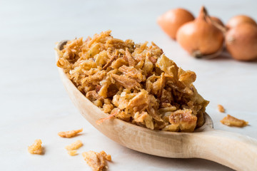 Fried Crispy Onion Flakes with Wooden Spoon