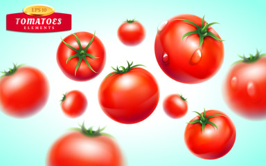 Tomato set. Detailed realistic red ripe fresh tomatoes with green leaves with water droplets isolated on blue background. Vector 3d illustration. Fruit and vegetable theme. Vegetarian food.