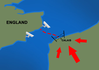 2d Illustration explaining situation in the French city Calais with refugee imigrant problem/crisis and England/Britain spending 50 million euros for security measures in France - Calais
