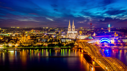 Cologne Cathedral at night, skyline of Cologne, Germany