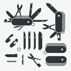 Folding knives to take apart flat icon vector; Multi-tool instrument