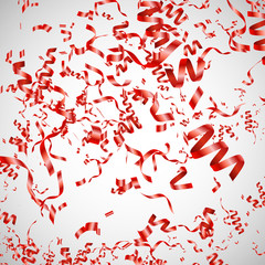 Celebration background template with confetti and red ribbons. Vector illustration