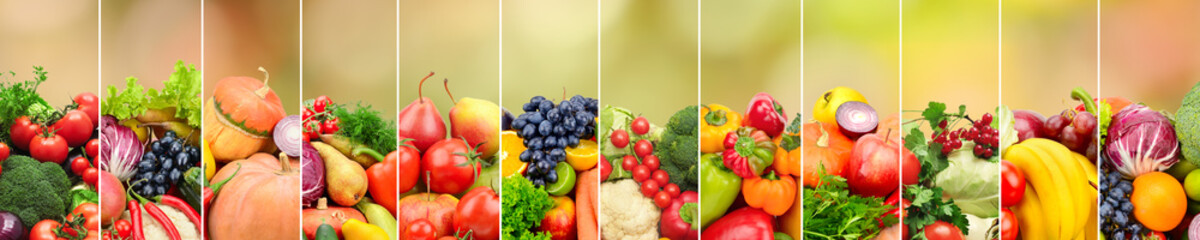 Fruits and vegetables on background of multicolored natural blurred background.