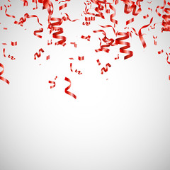 Celebration background template with confetti and red ribbons. Vector illustration