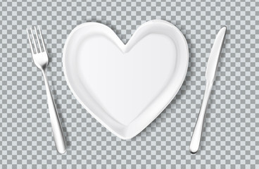 Vector plate in shape of heart, knife, fork