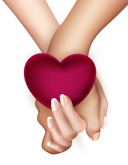 Realistic holding hands and heart vector