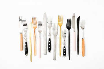 Collection of various cutlery on white background, flat lay,  top view,