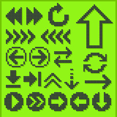 Arrow symbol on a screen old cell phone with green backlight; Monochrome dot-based Arrow icon set; Pixel art vector