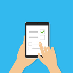Online survey, checklist. Hand holds tablet and finger touch vertical screen. Feedback business concept. Cartoon flat vector illustration isolated on blue. Minimalistic design for web site, mobile app