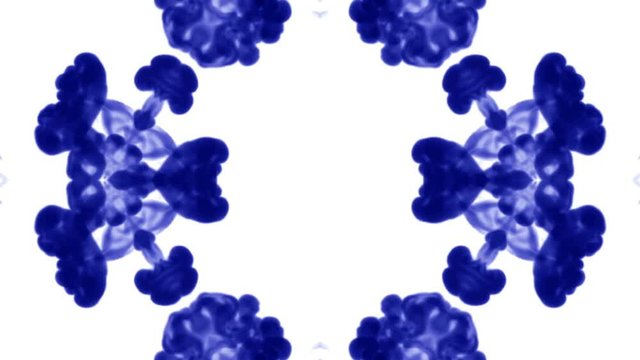 Abstract background of ink or smoke flows is kaleidoscope or Rorschach inkblot test5. Isolated on white in slow motion. Blue Ink flow in water. For alpha channel use luma matte as alpha mask