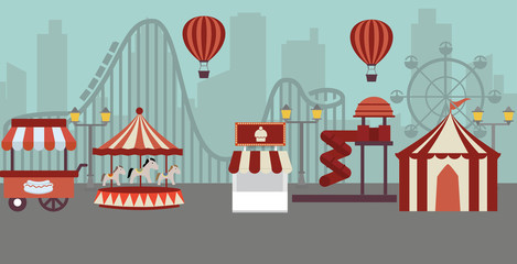 Amusement park landscape concept theme. Cartoon illustration of amusement park landscape. Carnival ferris and kids vector concept for web