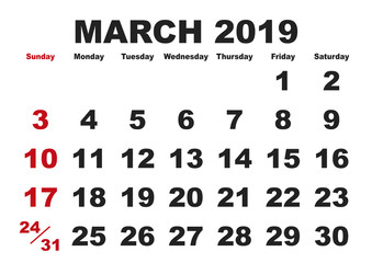 March month calendar 2019 english USA