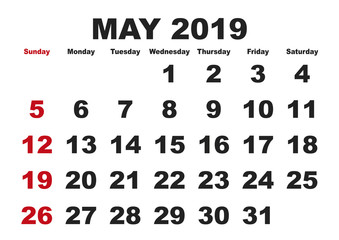 May month calendar 2019 english USA