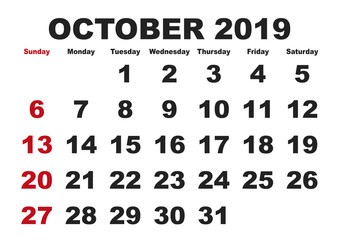 October month calendar 2019 english USA