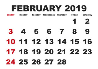 February month calendar 2019 english USA