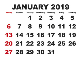 January month calendar 2019 english USA