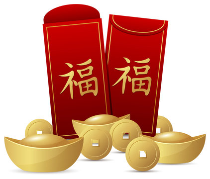 Chinese new year with red envelope and gold money