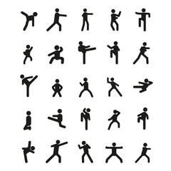 Different karate poses. Vector illustration with different karate poses in black simple silhouette style. elements of sport design and web. © keltmd