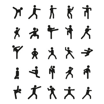 Different karate poses. Vector illustration with different karate poses in black simple silhouette style. elements of sport design and web.