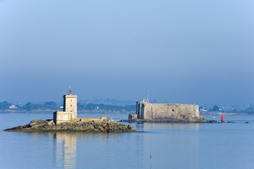 Die Ile Louët und das Chateau du Taureau in der Bucht von Morlaix, Finistere, Bretagne, Frankreich, Europa