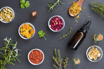 Selection of essential oils and herbs on a dark background, top view