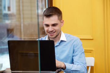 man hand use laptop connecting wifi internet businessman busy at office desk finger typing computer sitting wooden table cafe with vintage