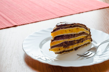 Tasty piece of cake with brown and yellow filling. Chocolate.